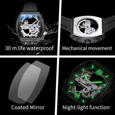 Чоловічий скелетон-годинник OLEVS: автоматичний механізм, сталевий браслет, водонепроникний, з календарем та підсвіткою, чорний