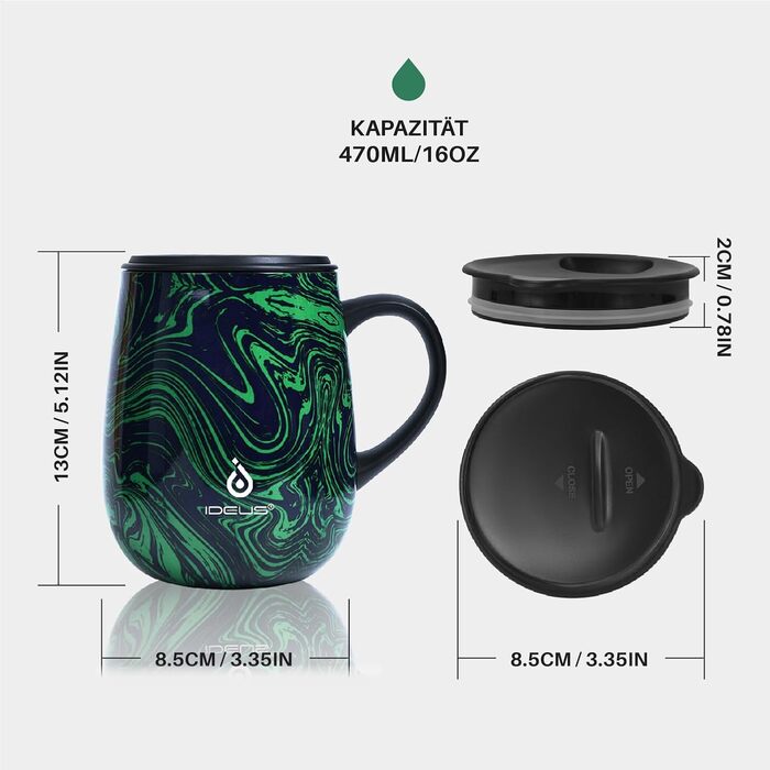 Кружка для кави та чаю Ideus 470 мл з подвійними стінками, нержавіюча сталь, з неслизьким ручним тримачем та кришкою-відкидником, великий об'єм (Трав'яний зелений)