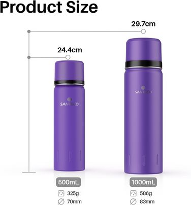 Термос-термокана з нержавіючої сталі SANTECO 1л, 500мл, 1000мл, з кришкою-чашкою, для дітей, спорту, без BPA, 24 год холод, 12 год гарячий (фіолетовий)