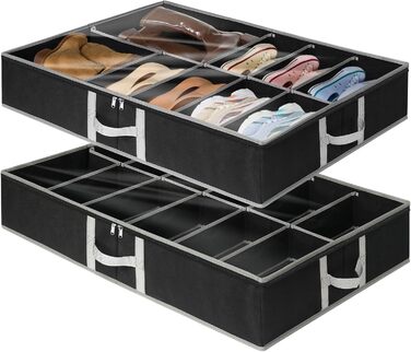 2 Under-Bed Shoe Organizers (24 Pairs), Foldable Under-Bed Storage Box Shoe Organizer, Adjustable Velcro Closure Shoe Storage Under Bed with Bottom Support & 3 Sturdy Handles