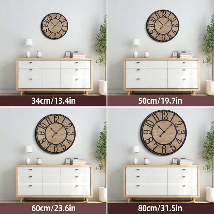 Large Wall Clock Without Ticking, 50 cm / Silent Wood Vintage Wall Clock Retro Battery Operated Modern For Living Room Bedroom, Kitchen, Farmhouse, Office Decoration (24 inches, Antique Bronze Metal - Arabic Numerals)