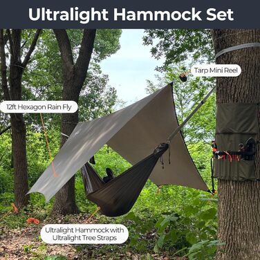 onewind Lightweight Camping Hammock for Backpackers, Portable, Compact, Ideal for Hiking, Camping, and Travel (Od Green-11' With 12' Hexagon Tarp, 11' with 12' Tarp)