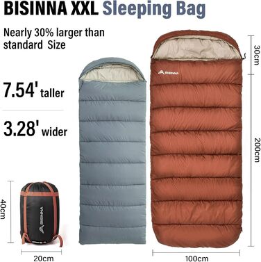 Сплячий мішок BISINNA XXL (230 x 100 см) для великих людей, 3-4 сезони, водонепроникний, легкий, для кемпінгу, подорожей, походів, 1.5 кг, ліва блискавка