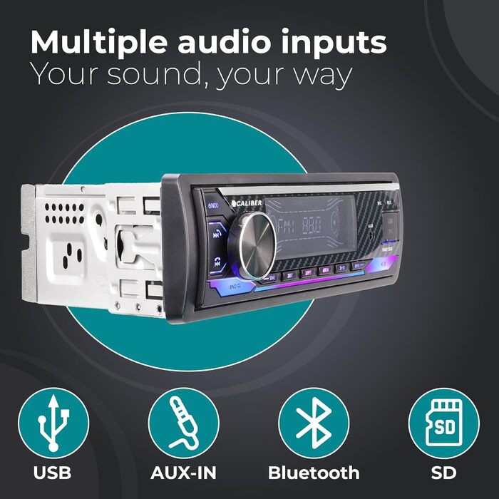 Автомагнітола Caliber 1DIN Bluetooth, FM-тюнер, 4x100Вт, USB/MicroSD, зарядка 2.1A, AUX, гучний зв'язок, зовнішній мікрофон, RCA, MP3/WMA/APE/FLAC