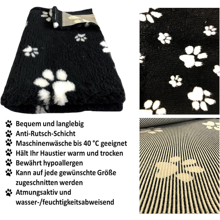 Килимок для собак Elropet Vetbed: преміум якість, 22 мм, для малих та великих собак, лежанка/підстилка S/M/L (M 100x80 см, чорний + білий слід лапки)