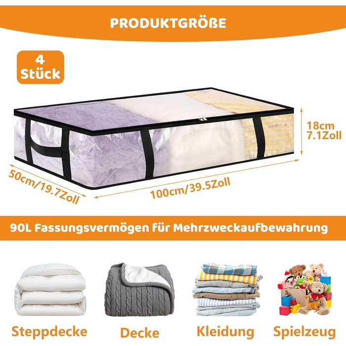 4 шт. Коробки для зберігання під ліжко 90л з кришкою, прозорі, великі, складані, з ручками, для постільних речей, подушок, одягу (4 шт.)