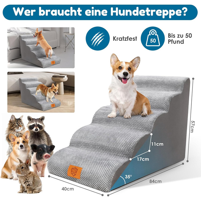 Myiosus Dog Stairs, 2 Steps Pet Stairs, Waterproof Dog Steps Made of Sponge, Non-Slip Dog Ramp for Sofa Bed, Washable Cover Dog Stairs, Portable Cat Stairs (5-Step Dog Stairs, Grey)