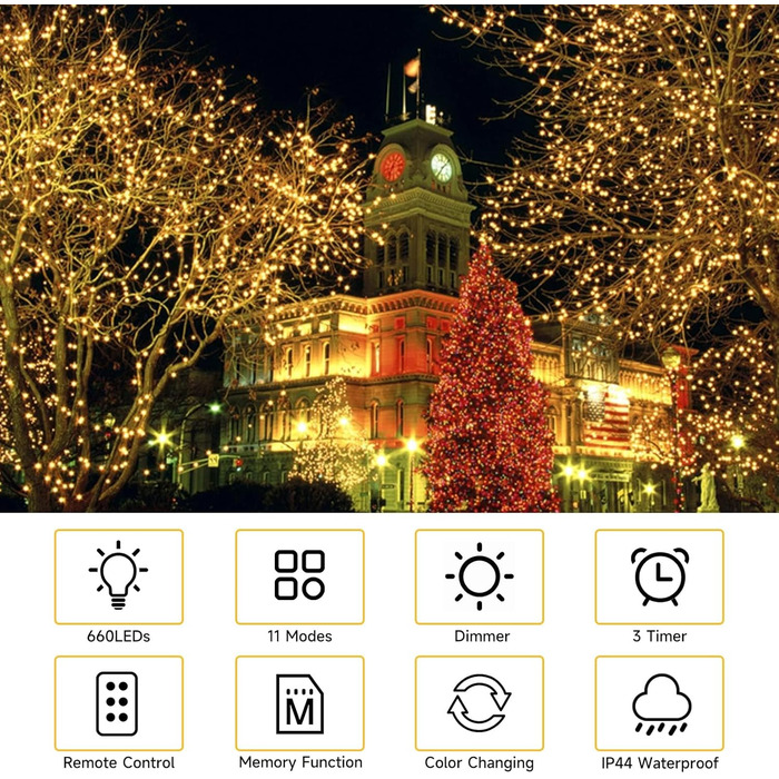 WOWDSGN Льохотна гірлянда для зовнішнього використання 20м, 2-в-1 LED гірлянда (Тепле біле & Класичне кольорове), сертифікований штекер GS, 11 режимів, пульт дистанційного керування та таймер, IP44 вологостійка різдвяна прикраса для саду, балкону, тепле б