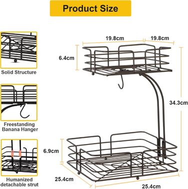 Металева фруктова корзина Bomclap на 2 яруси з тримачем для бананів - для кухні, бронзового кольору