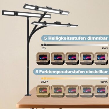 LED лампа для столу Asstikoo з регулюванням яскравості, 24W, складний дизайн, кріплення, для дому/офісу, 5 температур кольору, 3 режими яскравості, 3-головки, гнусий шийка