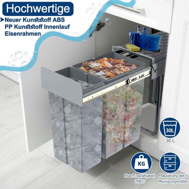 Вбудований контейнер для сміття HENGMEI з висувними ящиками для сортування, сірий (1x20L + 2x10L)