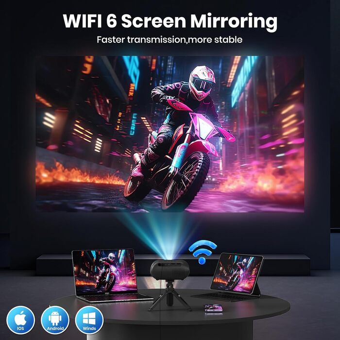 Портативний проєктор Mini Beamer 1080p з Wi-Fi, Bluetooth та штативом. Підтримка HDMI, USB, смартфонів, TV-Stick. Ідеально для домашнього кінотеатру та спальні. Чорний колір.