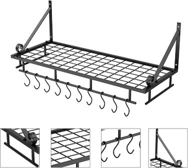 K-1121 60 CM Black Large Kitchen Shelf, Wall Shelf for Pots, Pans, and Utensils, Hanging Shelf with 10 Hooks