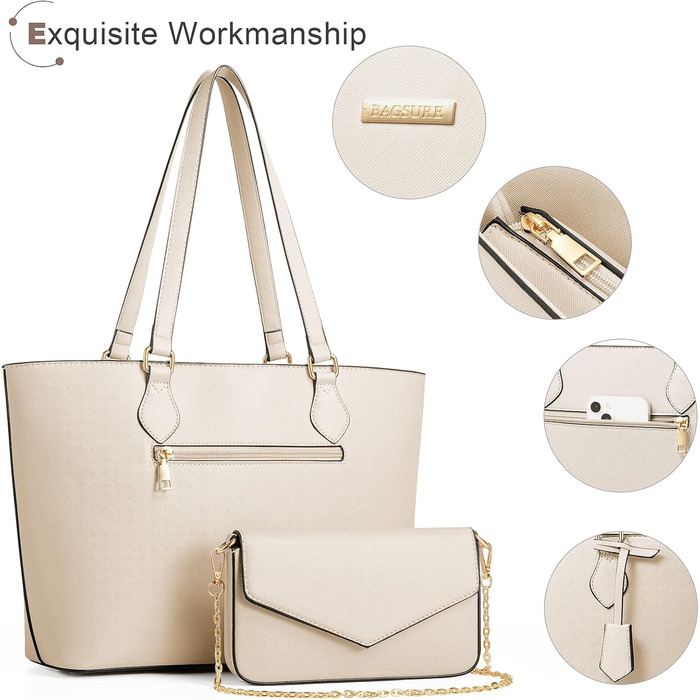 Bagsure Сумка жіноча бежева 4 в 1: сумка-шопер, сумка на плече, для офісу, школи, подорожей, покупок - подарунковий набір