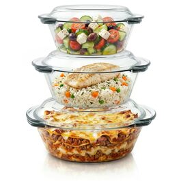 Набір форм для запікання Arendo з кришкою та ручками (3 шт.) – Borosilikatglas – 1000мл, 1500мл, 2000мл – для духовки, мікрохвильовки, BPA-free, скляні контейнери