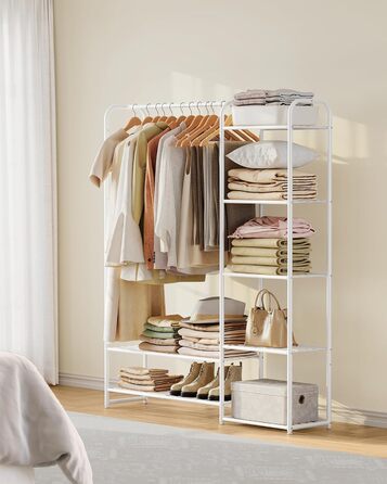 SONGMICS Взуттєва шафа, відкритий гардероб, вішалка для одягу, металева шафа для взуття з полицями, самостійна, 29 x 112 x 158,4 см, матовий білий LGR462W01 112B cm Mattweiß