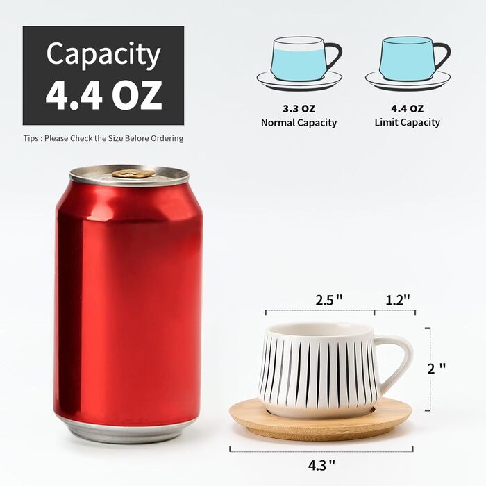 Набір порцелянових чашок для еспресо та кави Лука (6 шт.) з металевим підставкою, 118 мл, смугастий дизайн, білий та чорний