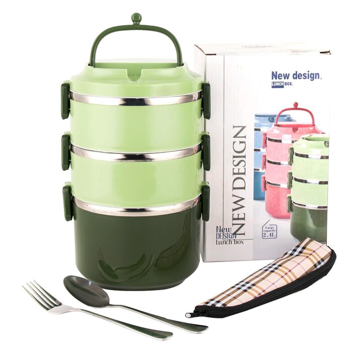 SANQIAHOME Набір ланч-боксів з нержавіючої сталі, 3 яруси, зелений