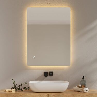 Дзеркало для ванної кімнати EMKE з підсвічуванням 50x70 см, антизапар, 3 кольори світла, диммування, сенсорне управління, функція пам'яті та автоматичне вимкнення через 3 години