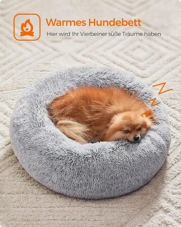 Кругле ліжко для собак та котів Feandrea з м'яким плюшем, діаметр 60 см, сірий колір, знімний наповнювач, 60 x 60 x 20 см
