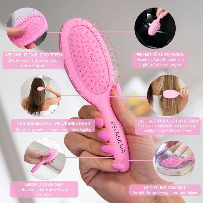 FRAMAR Міні гребінець для волосся - компактний, для подорожей, розплутування, для всіх типів волосся - матовий (рожевий)