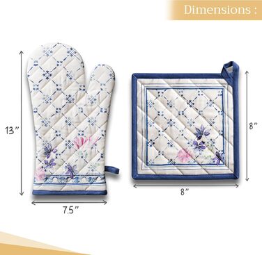 Maison d' Hermine Faience Oven Mitt + Pot Holders, 100% Cotton, Heat Resistant, Kitchen Oven Mitt (19.1 x 33 cm) and Pot Holders (20.3 x 20.3 cm) for Cooking, Grilling, Spring/Summer