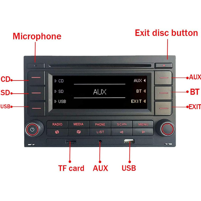 Автомагнітола SCUMAXCON RCN210 для VW Golf MK4, Polo, Passat B5 з Bluetooth, USB, MP3, AUX, SD, CD-програвачем та ISO-адаптером