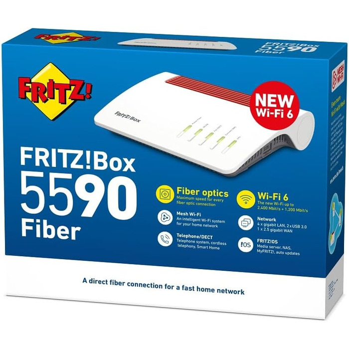 Роутер FRITZ!Box 5590 Fiber: Wi-Fi 6, Mesh, DECT, 2.5 Gbps LAN, для підключення до оптоволоконного інтернету, білий/червоний