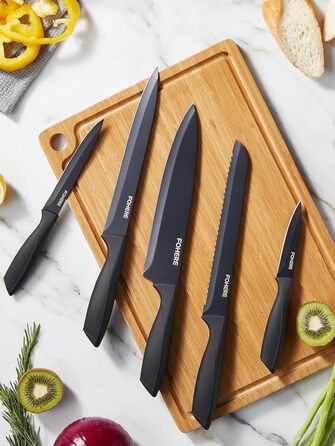 FOHERE 13-Piece Stainless Steel Knife Set with Block & Sharpener - Ergonomic Black Granite Handles