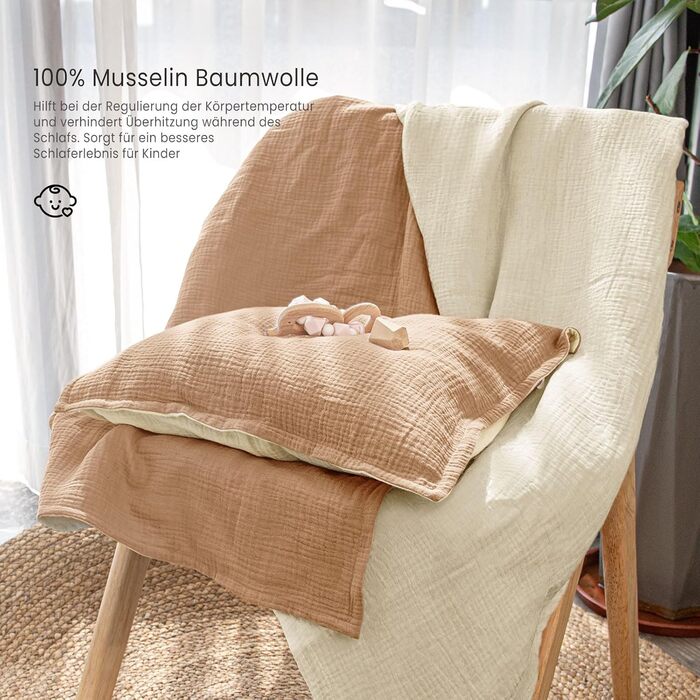 Постільна білизна для дитячого ліжечка Lulumoon з мусліну 100x135: комплект простирадла 100x135 + наволочка 40x60 см з бавовни Oeko-TEX Standard – легка та комфортна постільна білизна для малюків та дітей (муслін-колір, 100x135 см + 40x60 см)