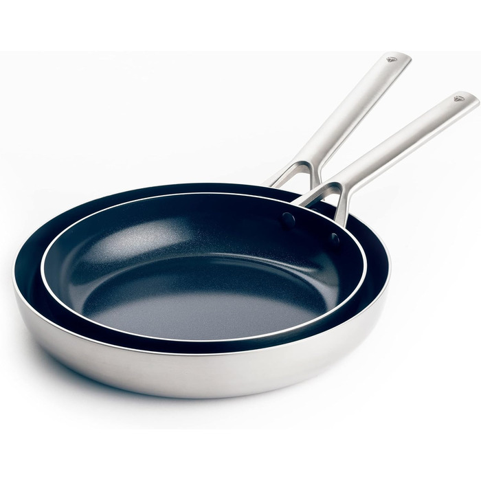Набір сковорідок Blue Diamond Triple Steel, 2 шт, 24 і 26 см, багатошарові, з діамантовим керамічним антипригарним покриттям, нержавіюча сталь, PFAS-вільні, для індукції, посудомийної машини та духовки, сріблясті