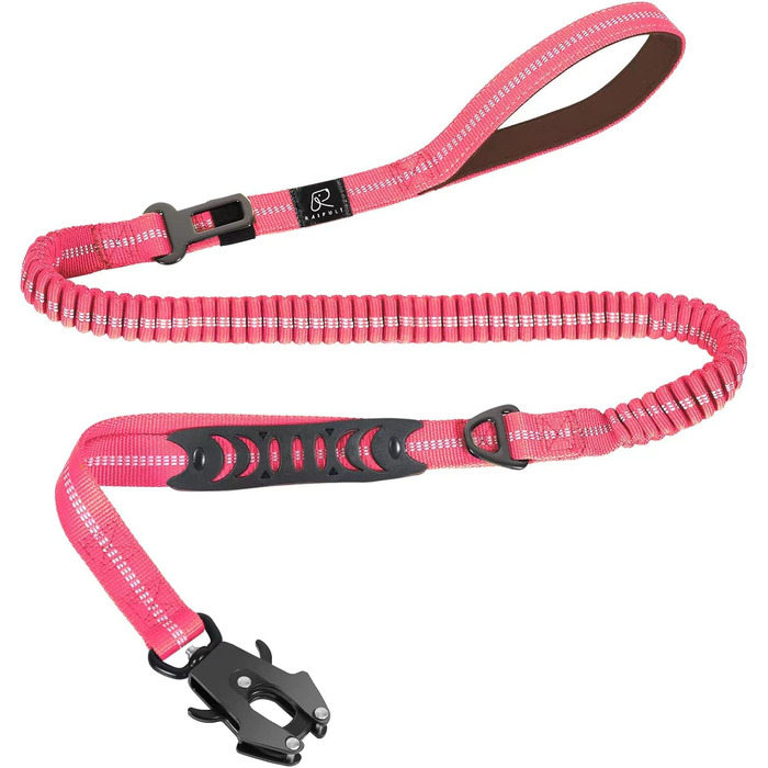 Міцна тактична повідка для собак Raiput Bungee з алюмінієвим карабіном, 1.2-1.8 м, для середніх собак, з функцією запобігання потягуванню, світловідбиваюча, амортизуюча, з кріпленням для автомобільного ременя безпеки