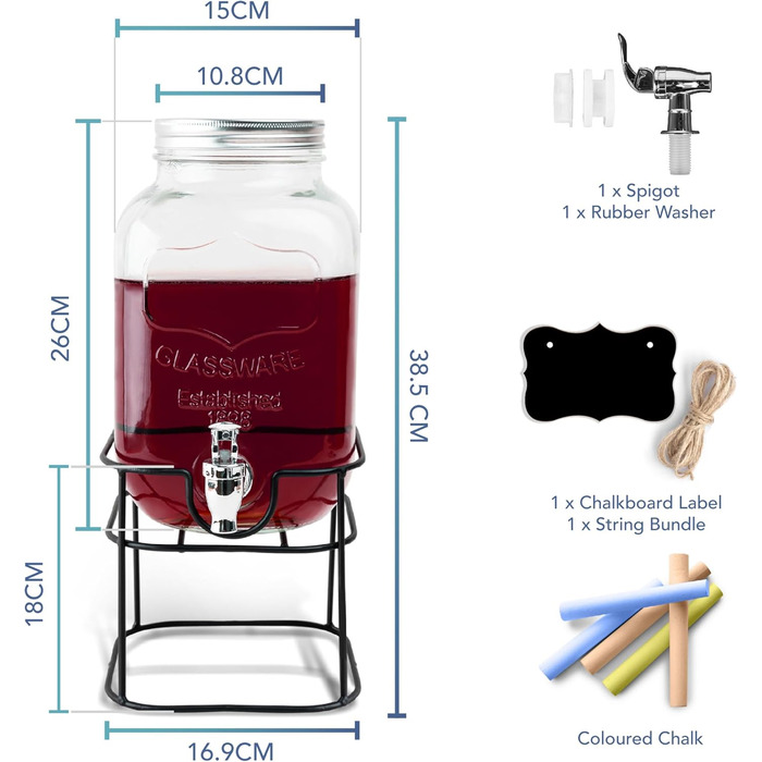 Скляний диспенсер для напоїв з краником - 4 літри, Mason Jar, з пластиковим краником та металевим підставкою