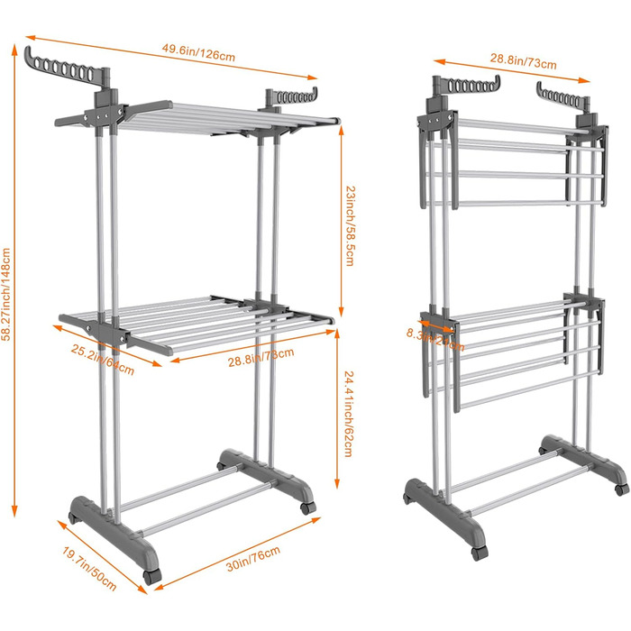 Foldable Stainless Steel Clothes Rack with Wheels, Portable, for Indoor and Outdoor Use, White/Gray (Gray-1)