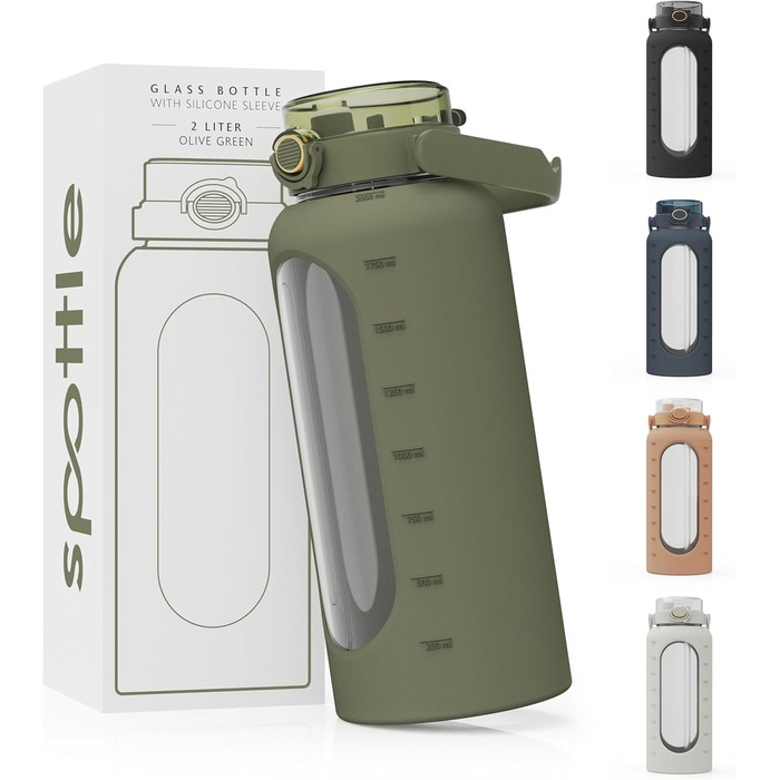 Glass Bottle 2 Liter - Drinking Bottle 2L Glass with Straw - Large Water Bottle with Silicone Sleeve - Leak-proof - Dishwasher-safe - BPA-free