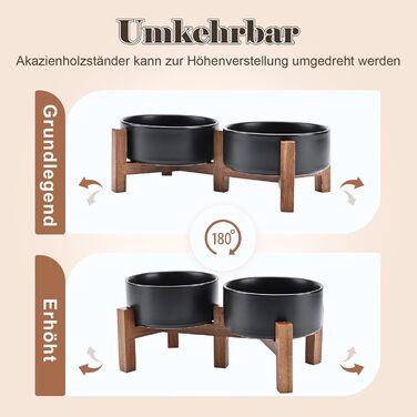 Миска для собак SpunkyJunky з кераміки, подвійна, піднята, з підставкою з акації, для котів та собак (400 мл, чорна)