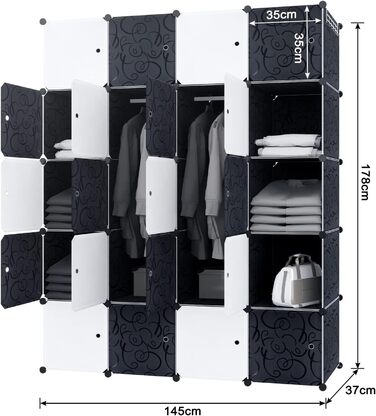 XMTECH DIY Closet System Wardrobe with Door, Shelf Closet, Coat Rack, Shoe Rack made of Plastic (10 Box Closet) (20 Hook Closet)