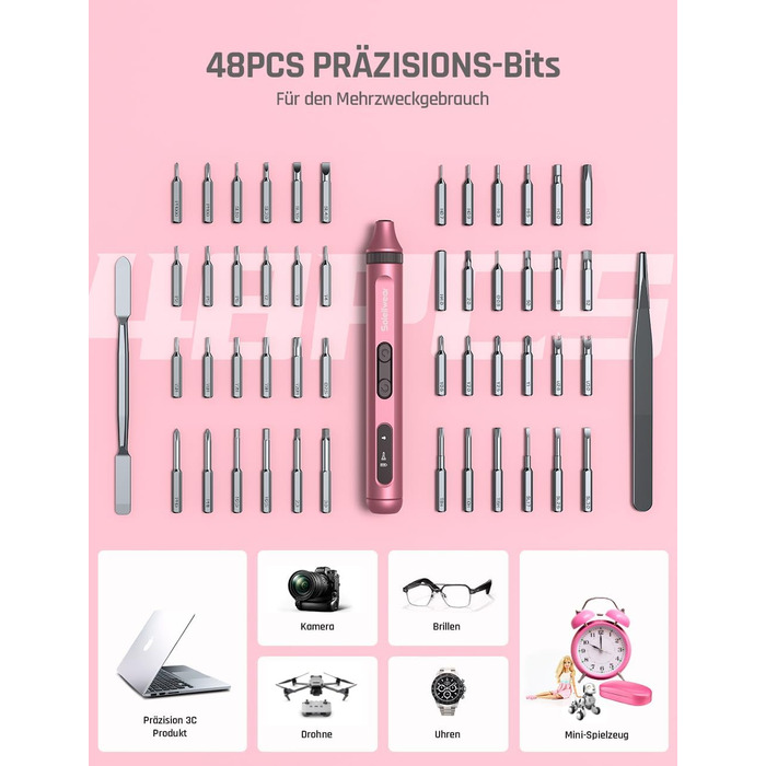 Електричний набір викруток преміум-класу 52 в 1 з 48 магнітними бітами, акумуляторний, для ремонту телефонів, камер, ноутбуків, годинників (Twilight Pink)
