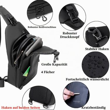 Чоловіча сумка-слінг через плече Crossbody: водонепроникна нагрудна сумка для прогулянок, їзди на велосипеді та роботи (Чорна)
