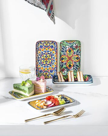 Сервіровочні тарілки HENXFEN з порцеляни, 25.4 см, набір прямокутних тарілок, 25.4 x 17.8 см, для салату, закусок, сашімі, богемний квітковий дизайн у 6 яскравих кольорах (прямокутна тарілка 20.3 см)