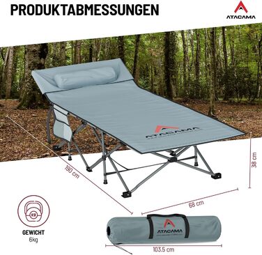 Ліжко похідне Atacama складане, ультралегке для кемпінгу та риболовлі, комфортне, портативне, розмір XXL 190x68x38 см