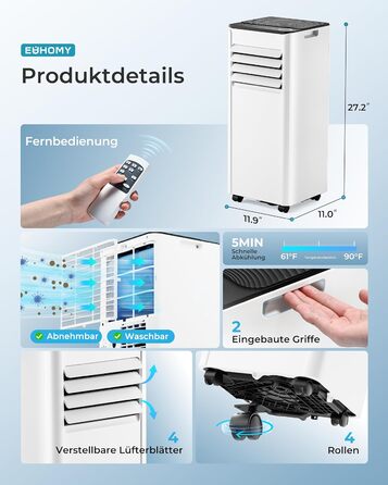 Мобільний кондиціонер 7000 BTU з витяжним шлангом | 4-в-1 | Тиха робота | Дисплей + пульт | Комплект для установки у вікно | Таймер 24г | Для приміщень до 20 м²