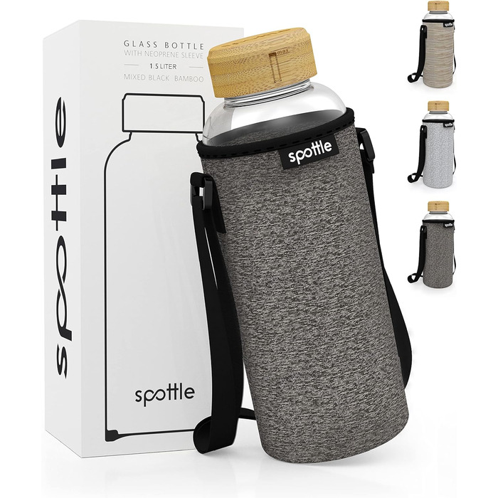 Glass Bottle 1.5 liter - Drinking Bottle Glass 1.5 l with Bamboo Lid - Glass bottle - Water bottle - Glass drinking bottle suitable for carbonated drinks - dishwasher safe - Wide mouth (Black Melange)