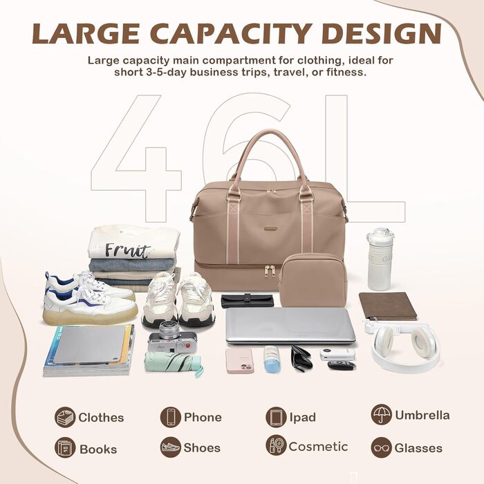 Велика дорожня сумка жіноча 46L Weekender з косметичкою, відділенням для взуття та вологих речей, для подорожей літаком (Колір: Шампань)