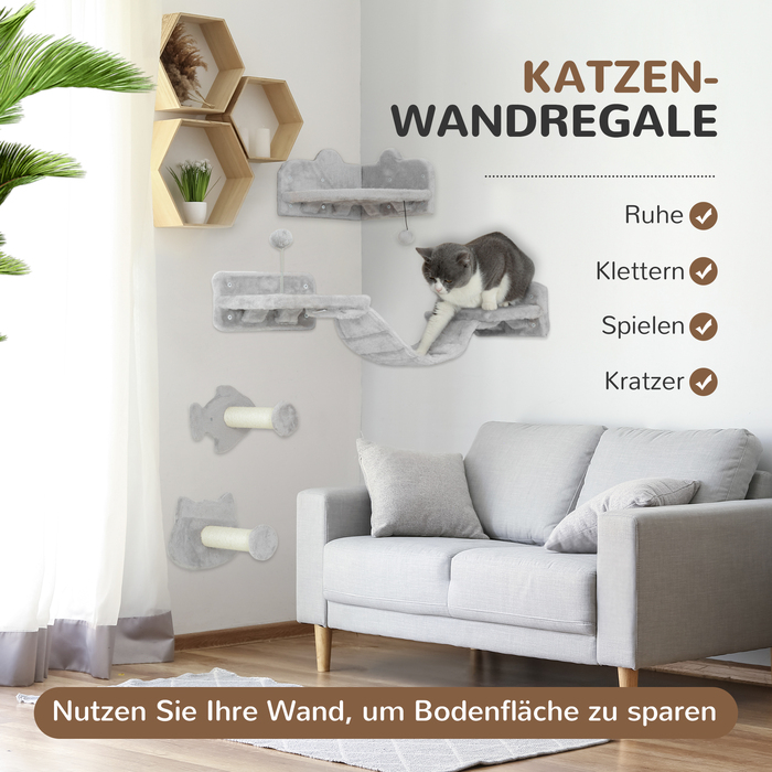 PawHut Cat Climbing Wall Set, 4-Piece Cat Furniture with Steps, Ladder, Jumping Towers, Scratching Posts, Play Ball, Sisal, for Cats up to 5 kg, Light Gray | Aosom