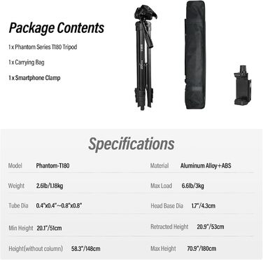 Штатив для камери SIRUI 180 см, алюмінієвий трипод з кріпленням для телефону, фото- та відеозйомки