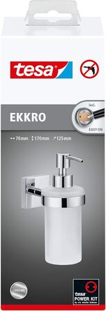 tesa EKKRO Soap Dispenser Set, satinized glass and chrome-plated stainless steel - Wall-mounted liquid soap dispenser without drilling, including adhesive solution - 70mm x 170mm x 125mm
