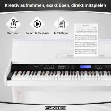 FunKey DP-88 II – цифрове піаніно з 88 клавішами, поліфонія 128, 360 звуків, 160 стилів, MP3-плеєр, функція навчання, запис та відтворення, 3 педалі, білий колір