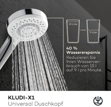 KLUDI-X1 Universal Shower Head with Hose, optional shower spray, water-saving with 3 spray patterns (Body, Hair, Skin), easy-to-clean shower head Ø 10.7 cm, shower hose 1.60 m
