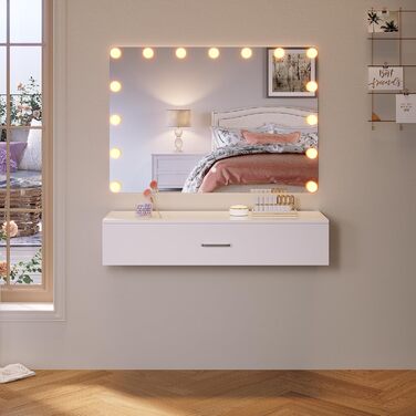SONNI туалетний столик з LED-підсвіткою, дзеркалом HD, 3 кольори, 10 рівнів яскравості, комод з шухлядами для косметики, білий, 100x36,5x20 см, для спальні
